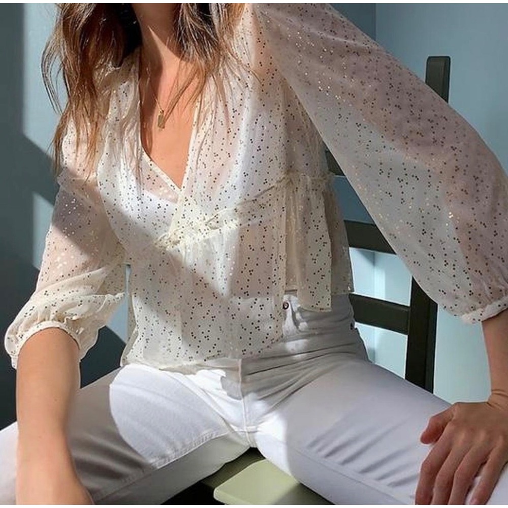 Sunday Best Jinx Top Blouse Small Cream Gold Foil Dot Peplum V-Neck Sheer